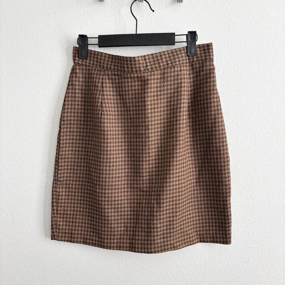 Vintage Academia Preppy Tweed Plaid Brown Mini Skirt Size Small